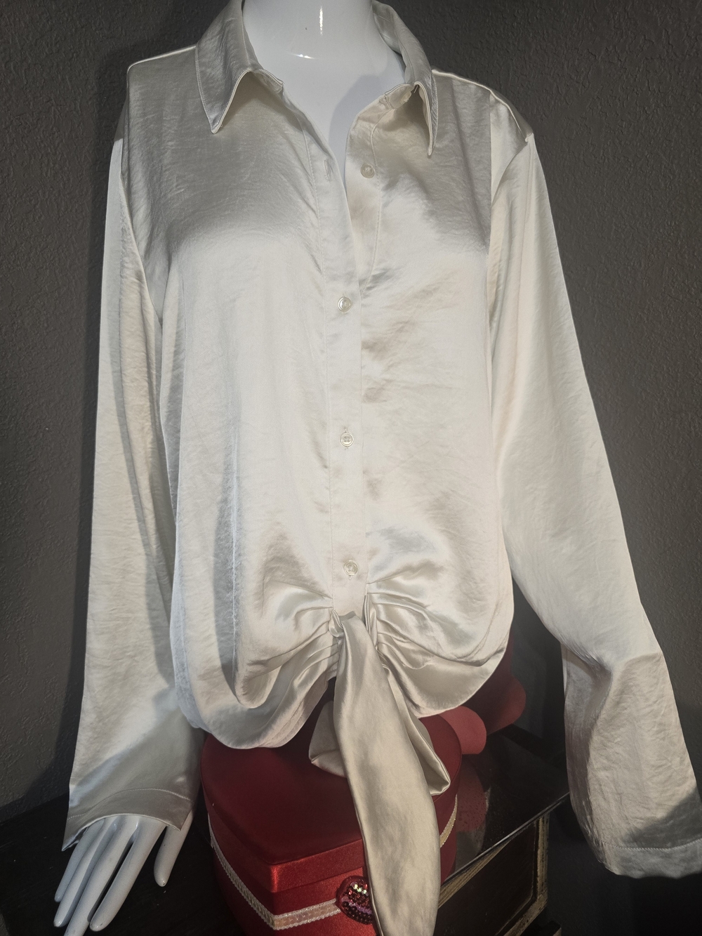 Express Cream Satin Button-Front Tie-Hem Shirt